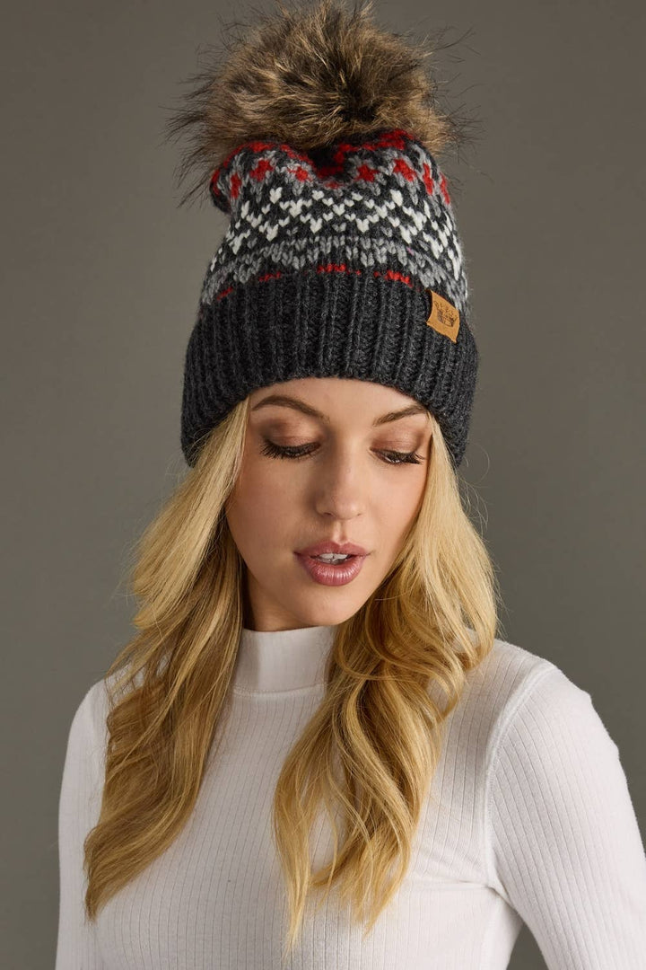 Dk. Gray, Red & White Winter Pattern Pom Hat