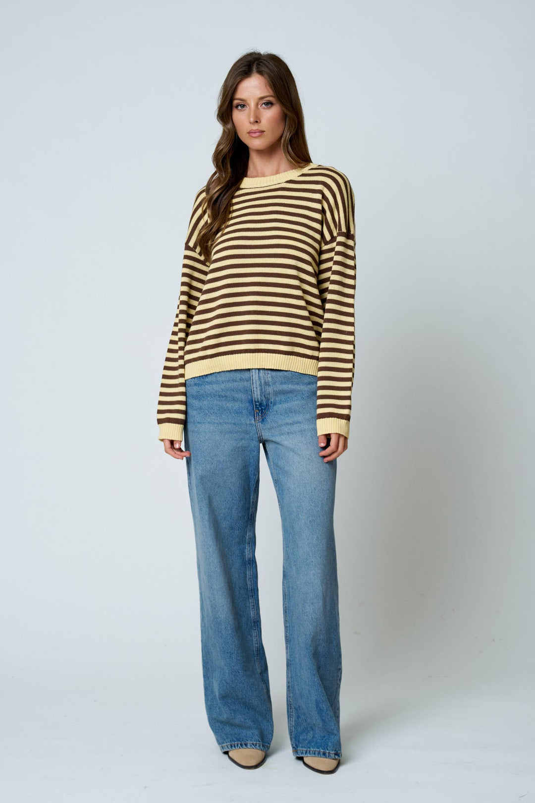 Oatmeal &amp; Brown Stripe Back Button Sweater
