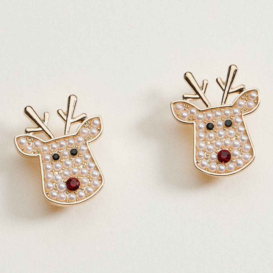 Pearl Reindeer Stud Earrings | Holiday Christmas Earrings