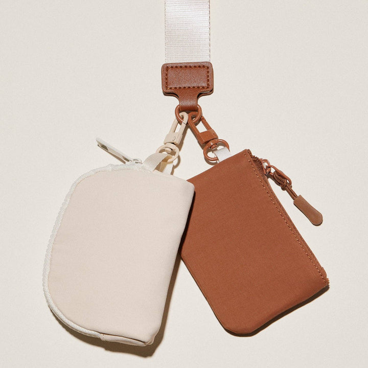 Beige Fabric Dual Pouch Wristlet Wallet | Keychain Holder