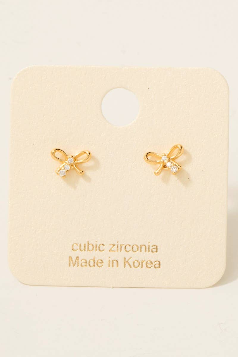 Gold Dipped Mini Cz Bow Stud Earrings