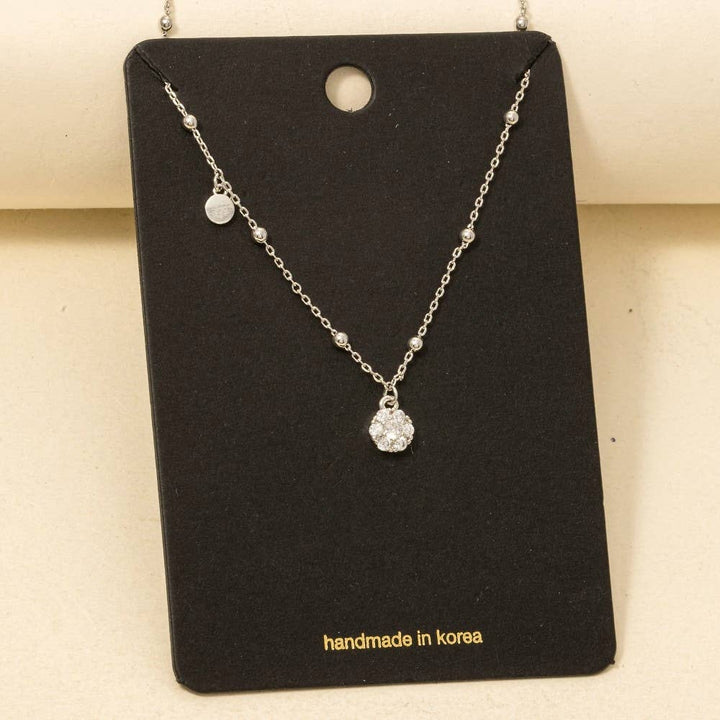 Cz Studded Flower Disc Pendant Necklace