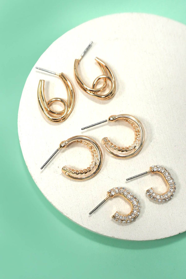 Trio Huggie Hoop Rhinestone Titanium Post Earrings.