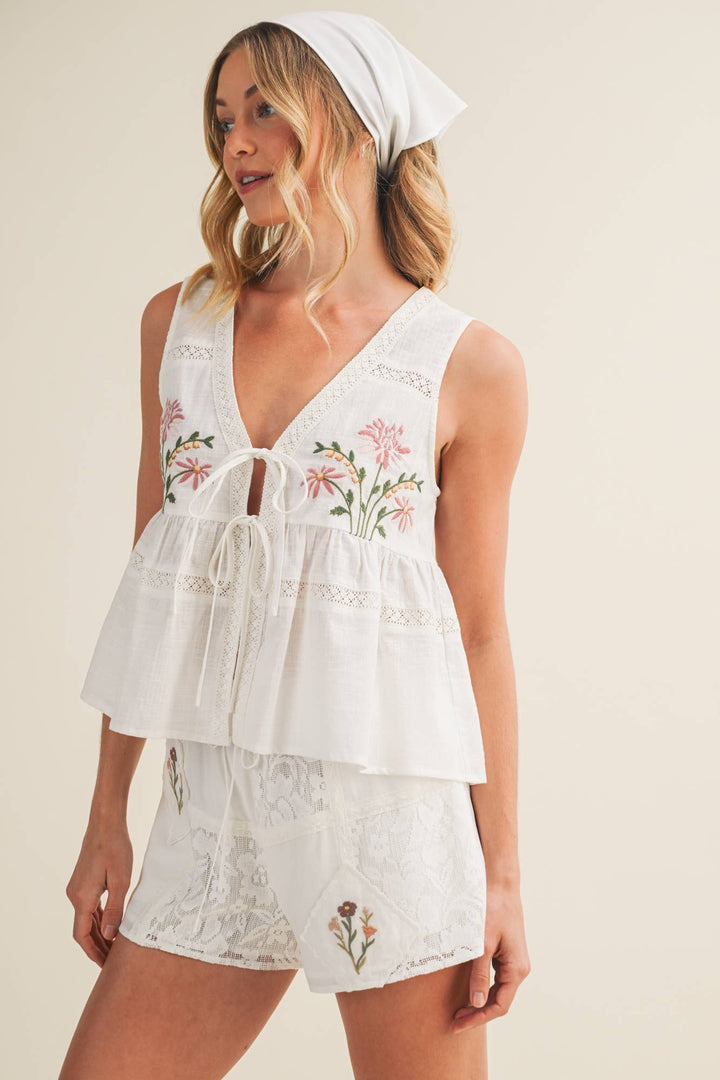 Embroidered Floral Tie-Front Peplum Vest