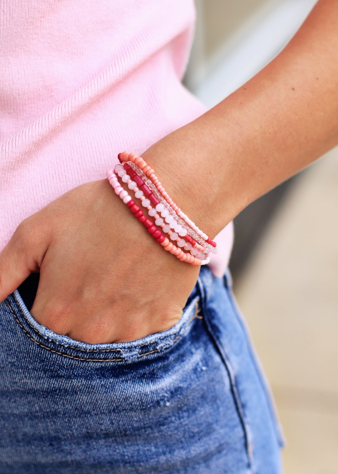 Boho Stack Stretch Bracelet in Pink