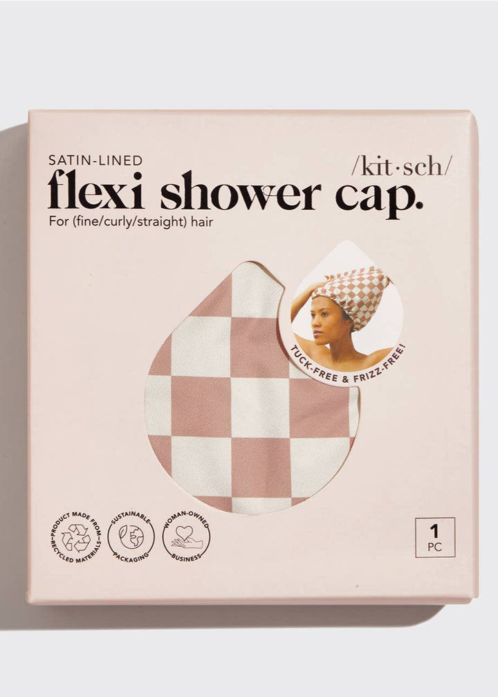 Satin Lined Flexi Shower Cap - Terracotta Checker