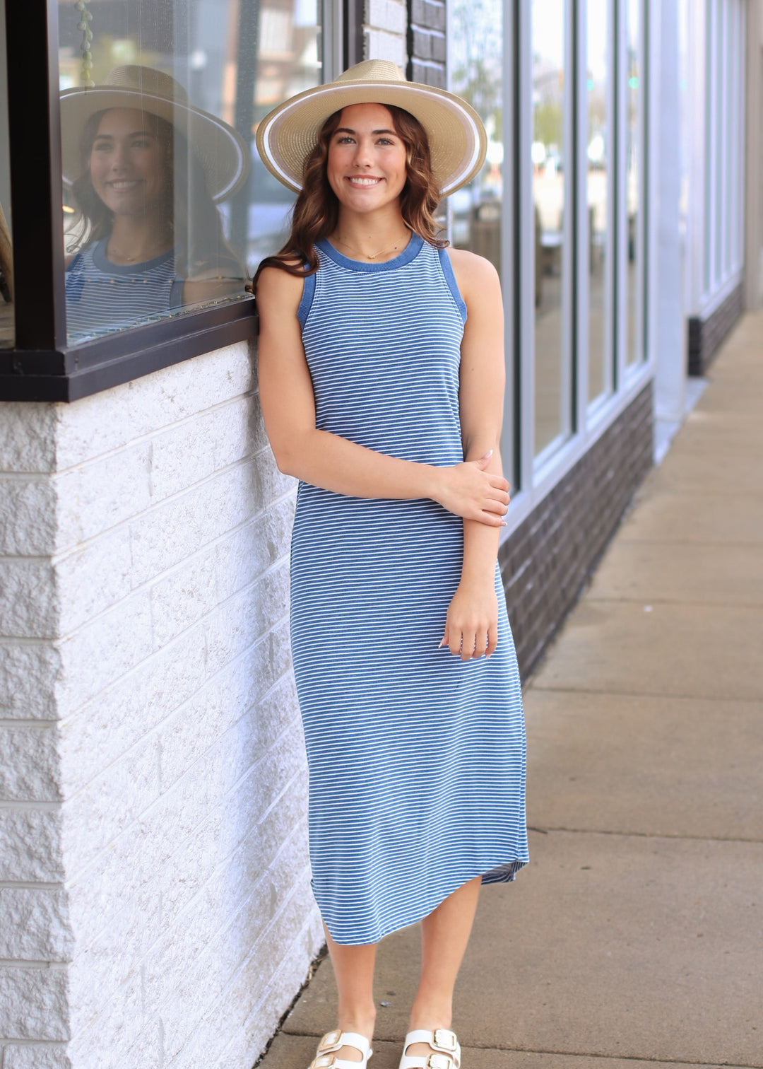 striped a line midi dress Blue Striped Puff Sleeve Midi Dress