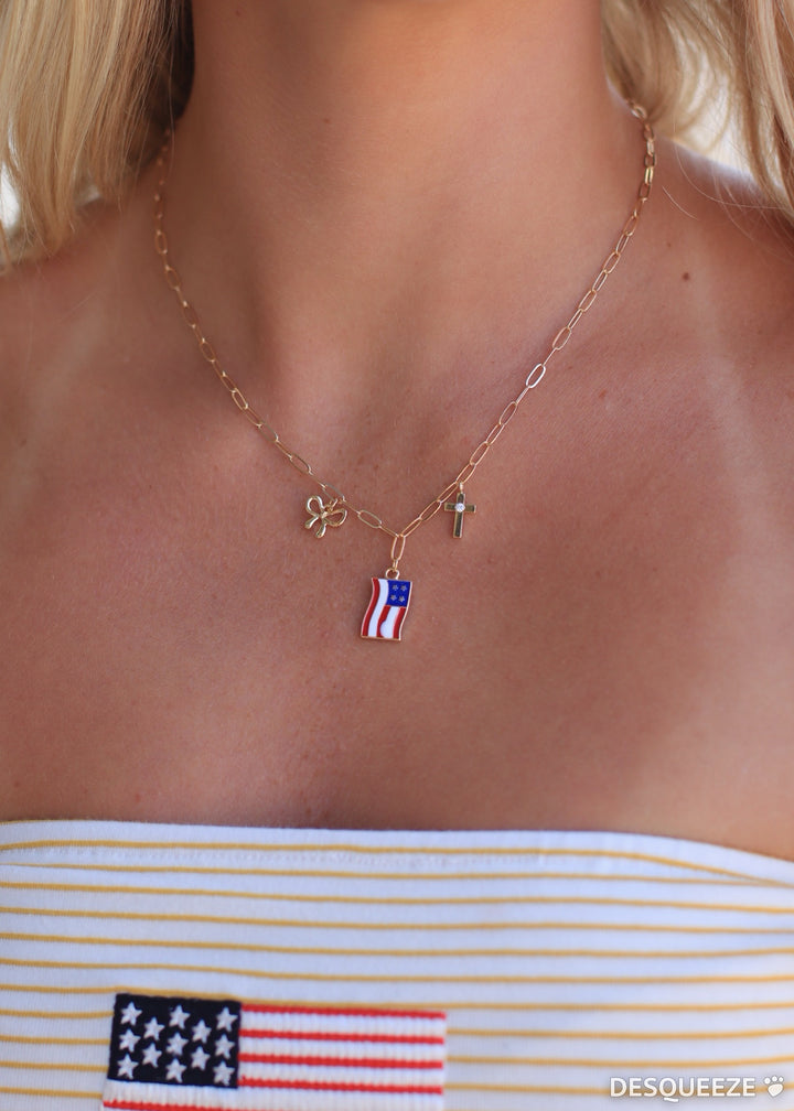 Cz Stud Bow Cross And Enamel Usa Flag Charms Chain Necklace