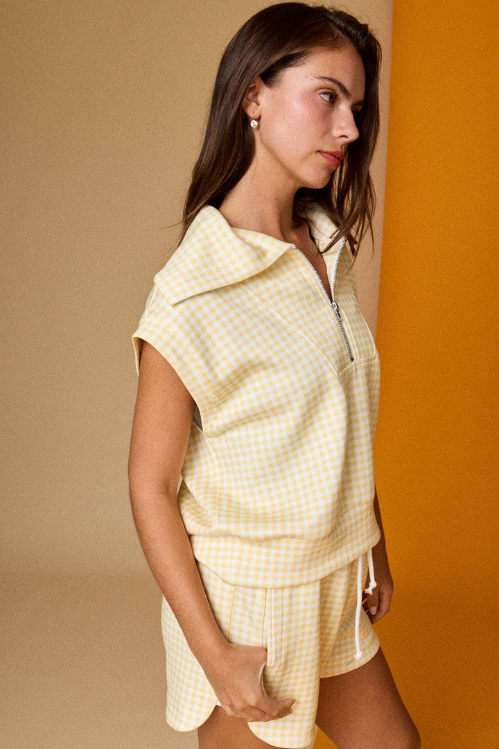 Gingham Zip Up Top in Yellow