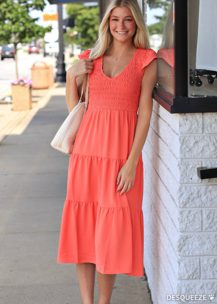 The Drift Dress Flutter Sleeve Maxi in Coral