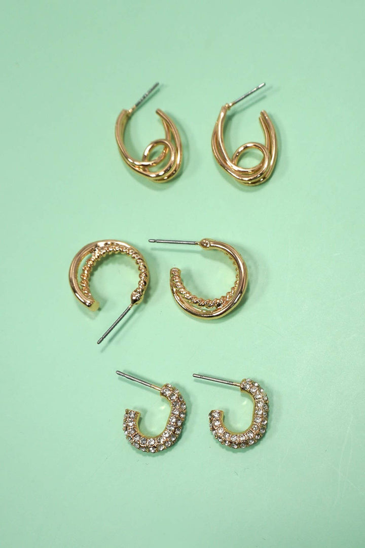 Trio Huggie Hoop Rhinestone Titanium Post Earrings.
