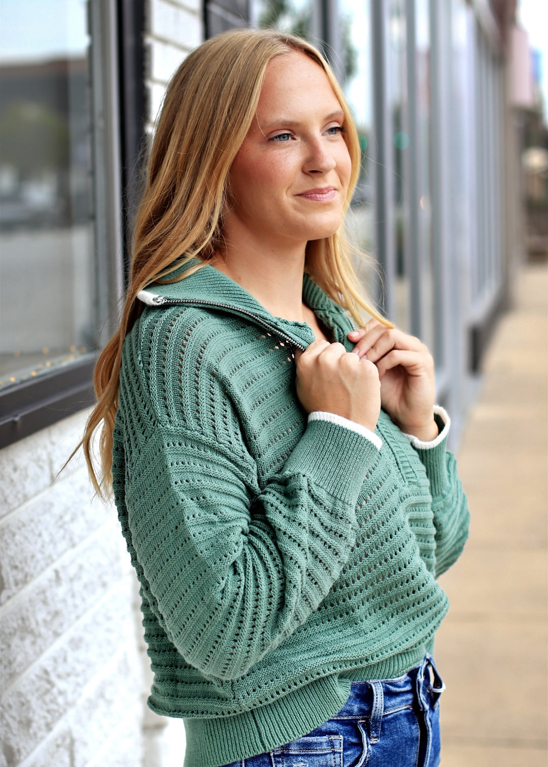 Mountain Air Crochet Texture Half-zip Cotton Blend Sweater
