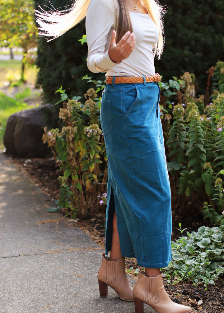 CLEARANCE FINAL SALE  Teal Corduroy Midi Skirt