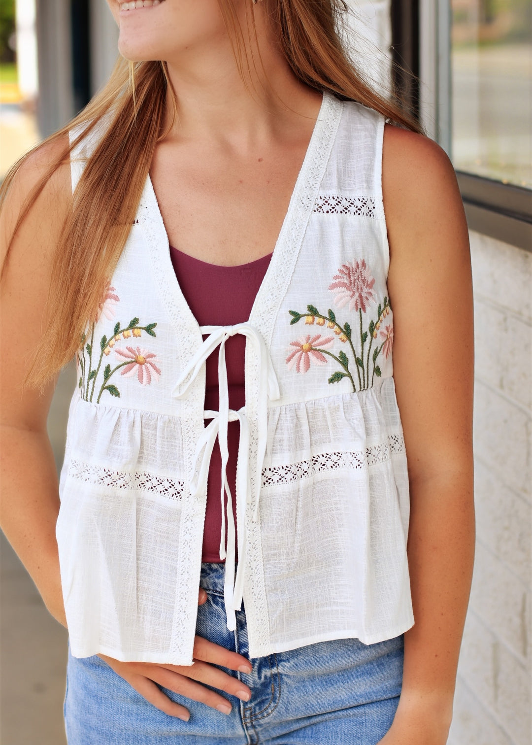 Embroidered Floral Tie-Front Peplum Vest
