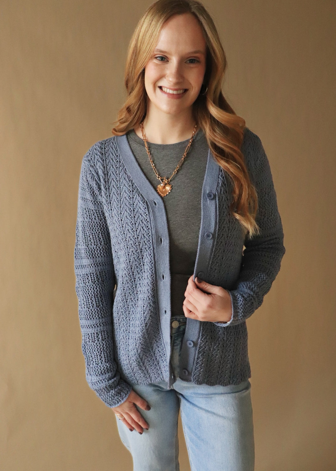 Anna Open Knit Sweater in Stone Blue