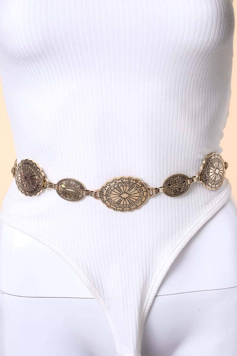 Ornate Oval Concho Disc Chain Fashion Belt
