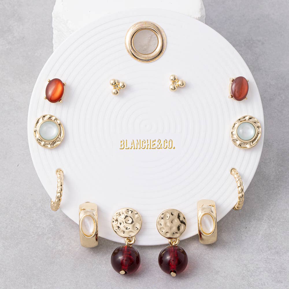 Stone Stud Huggie And Bead Drop Six Pair Earrings Set