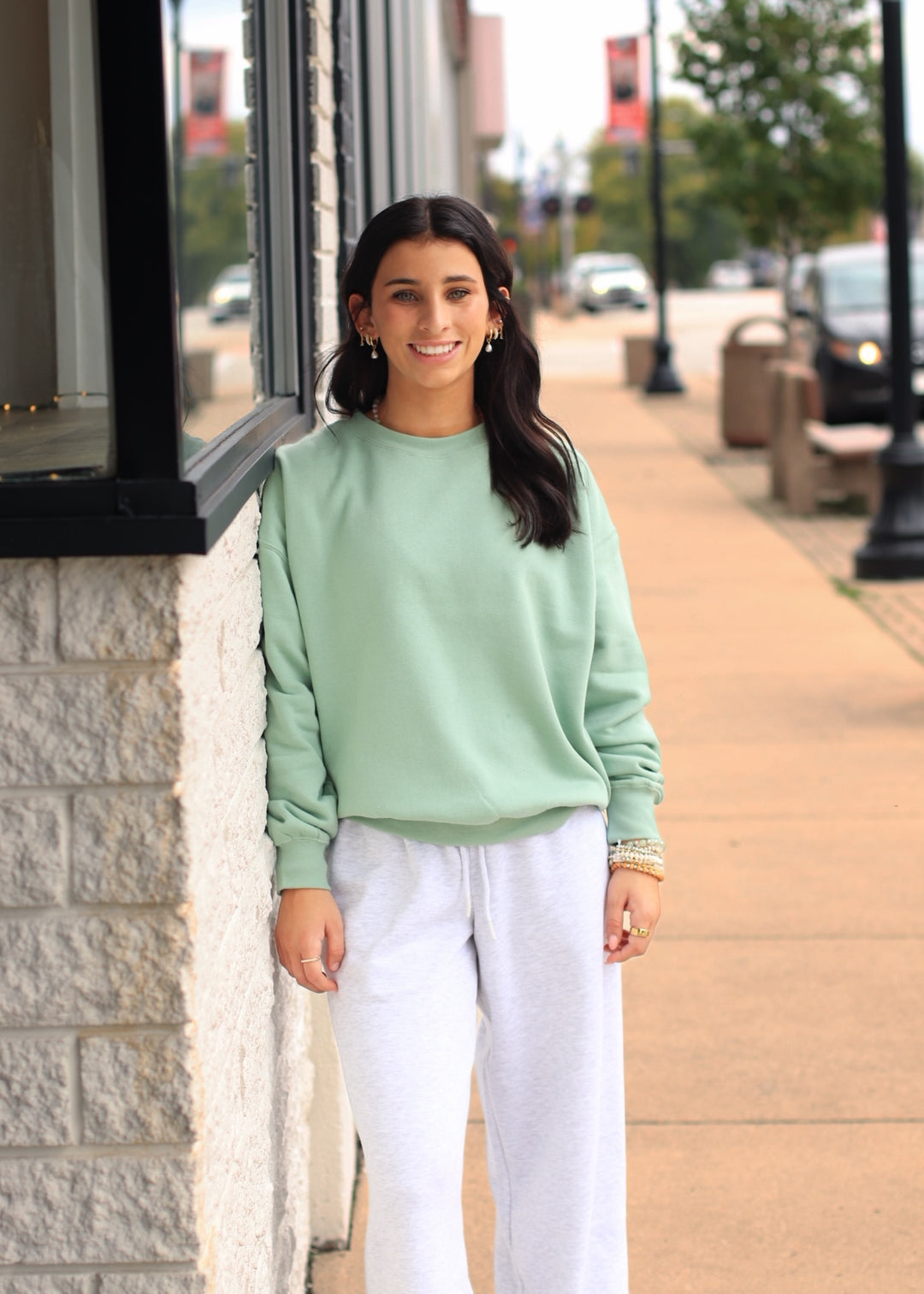 Fleece Basic Relaxed Fit Crew Neck in Granite Green