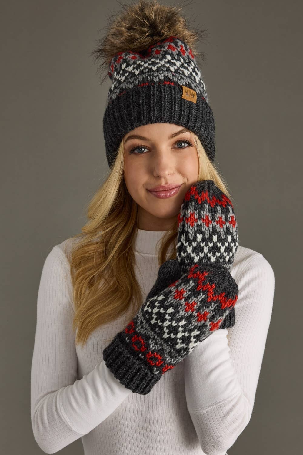 Dk. Gray, Red & White Winter Pattern Pom Hat