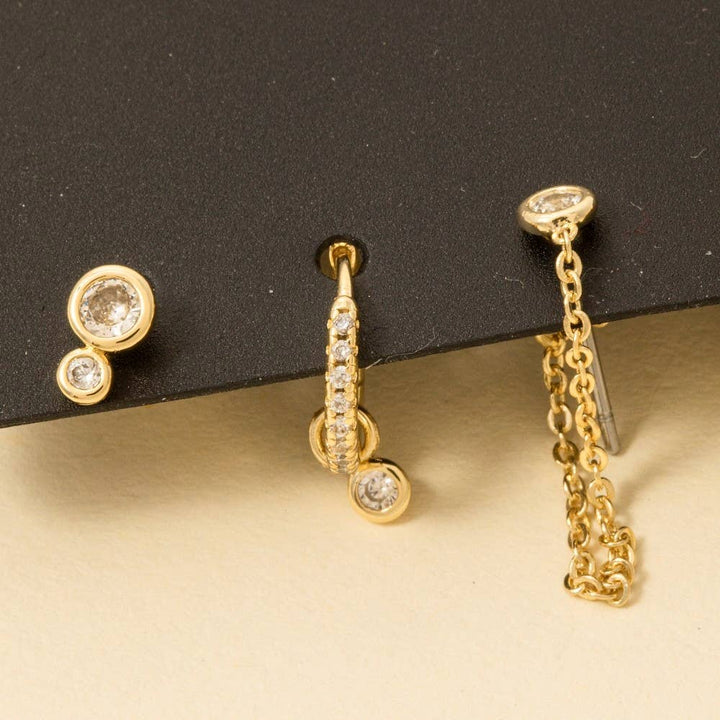 Gold Dipped Mixed Cz Hoop And Stud Earrings Set