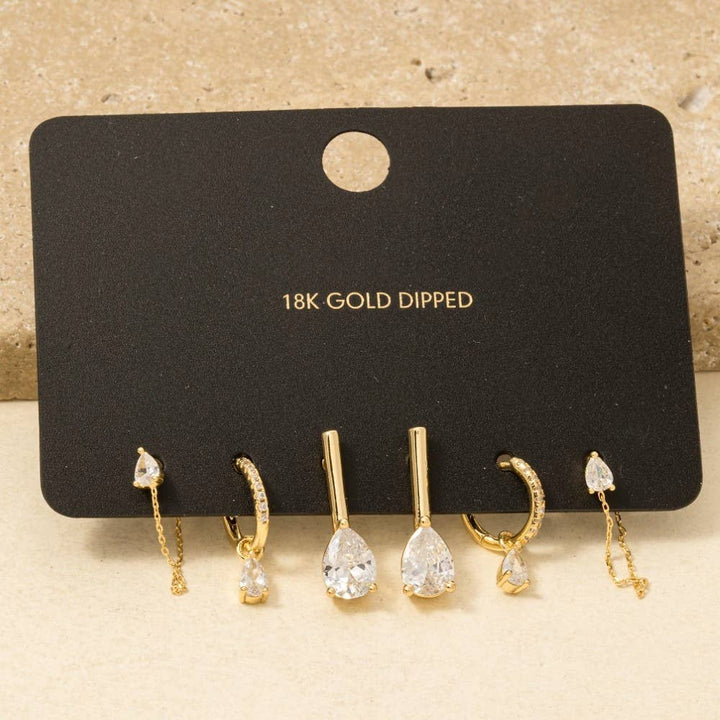 Gold Dipped Mixed Cz Tear Drops Earrings Set