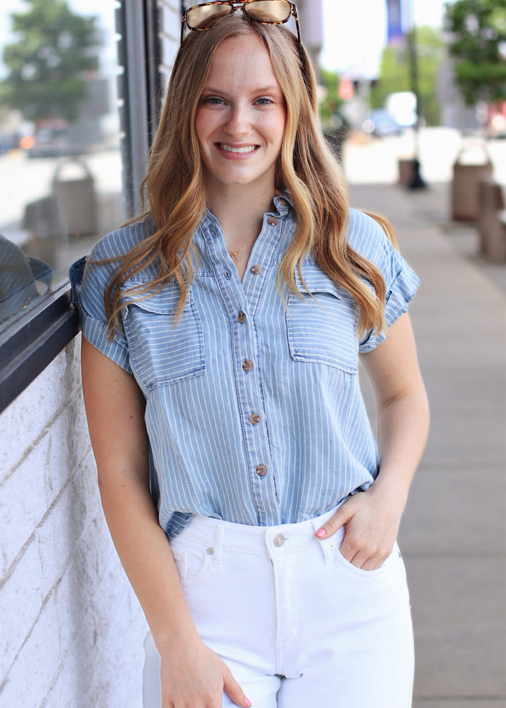 RESTOCK Powder Blue Chambray Top