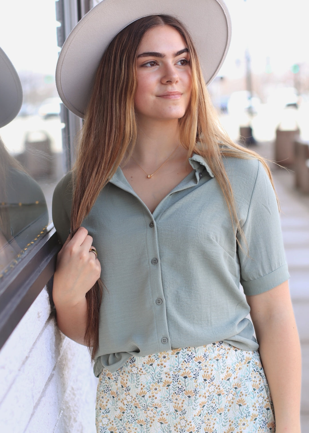 Optimistic Ruffled Collared Blouse in Fog Green