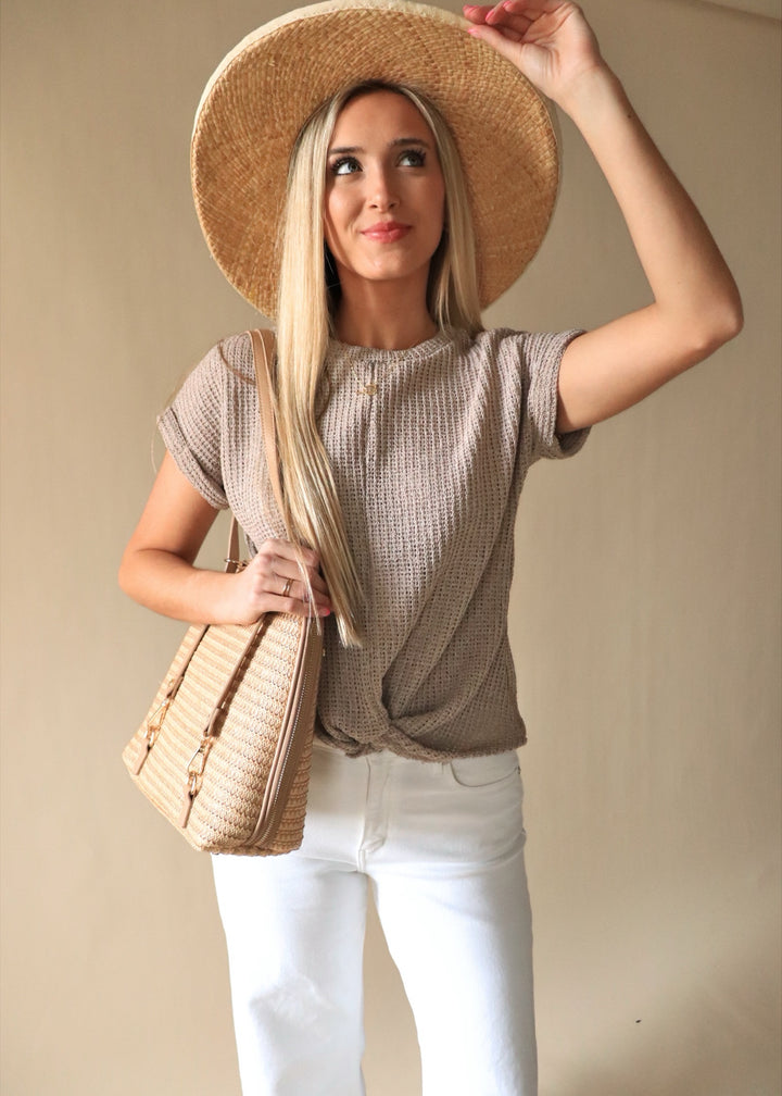 Daisy Bamboo Straw Convertible Backpack: Camel