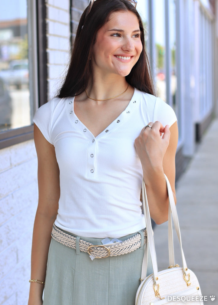 The Snap Henley Knit Top  in White