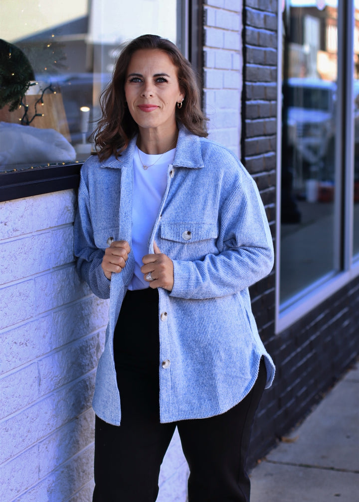 Fall Season Two Tone Shacket in Denim Blue