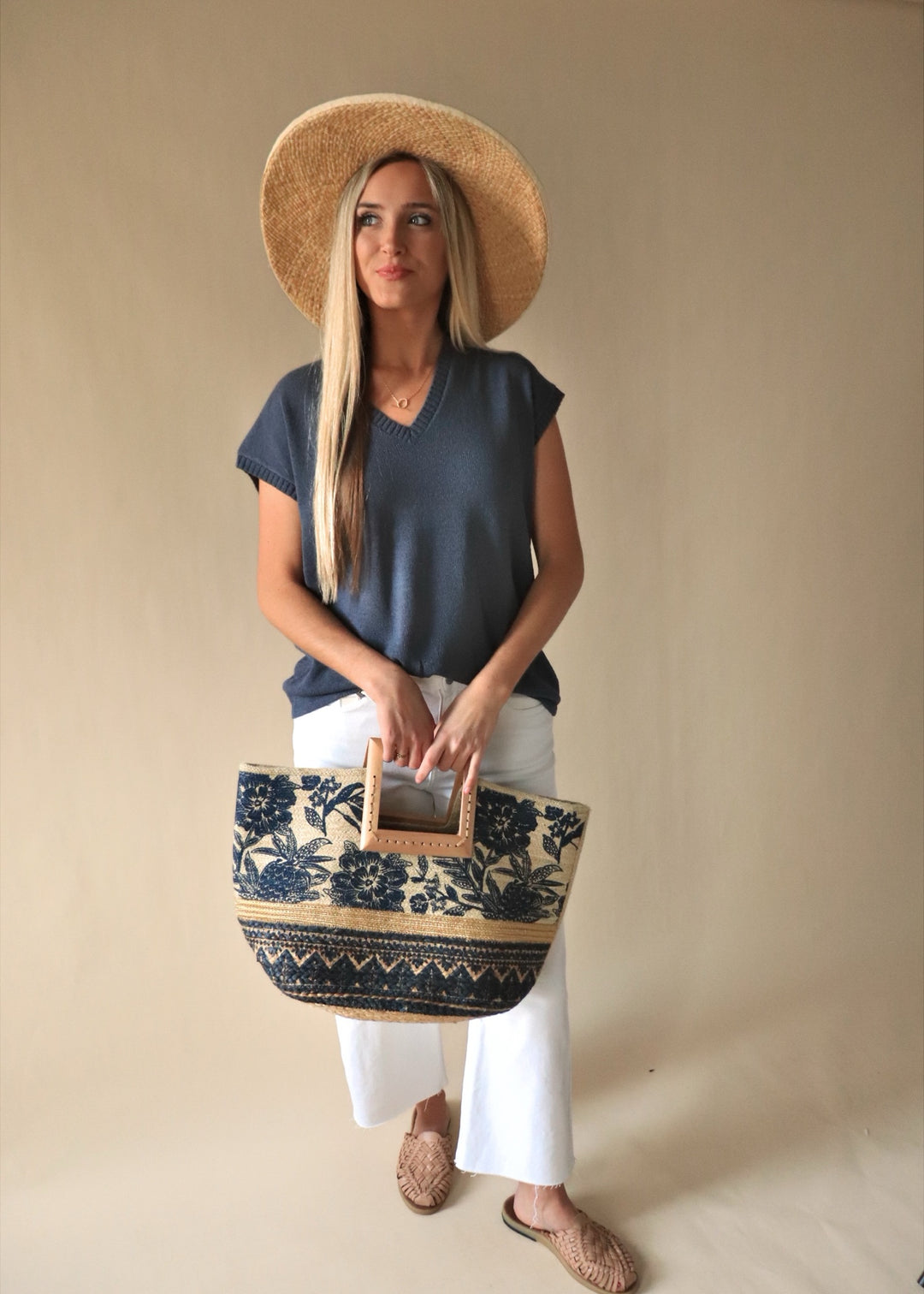 Floral Print Wooden Square Handle Tote Bag