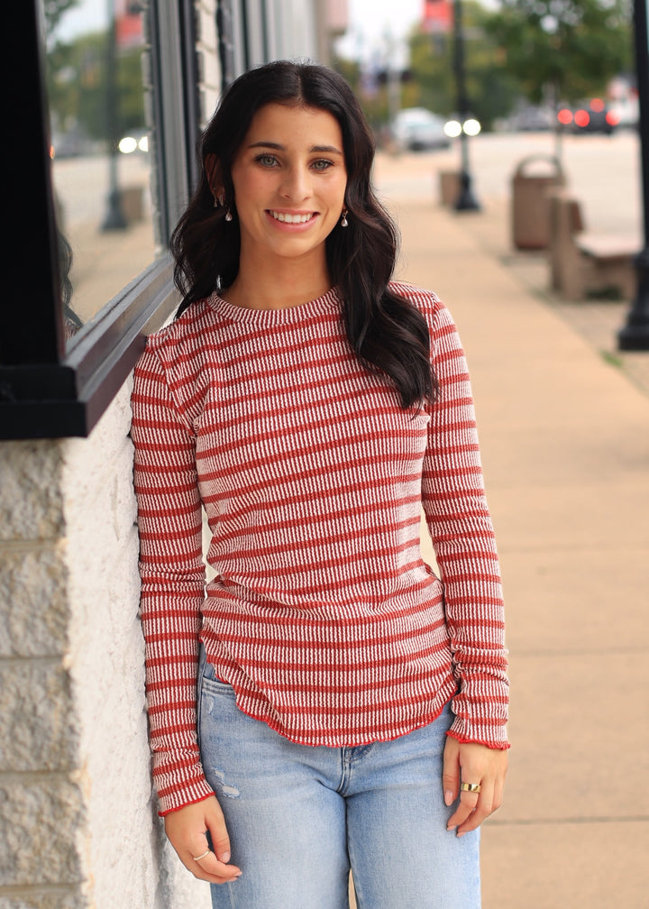 Striped Ribbed Knit Top in Rust