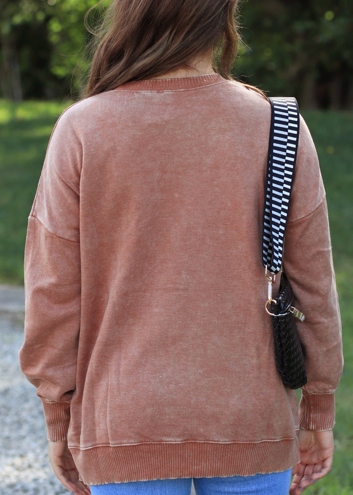 Rust Acid Wash Fleece Pullover with Pockets
