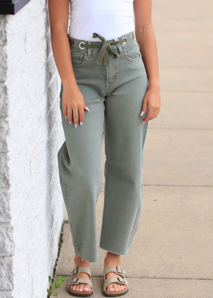 Olive Wide Barrel Crop Jeans