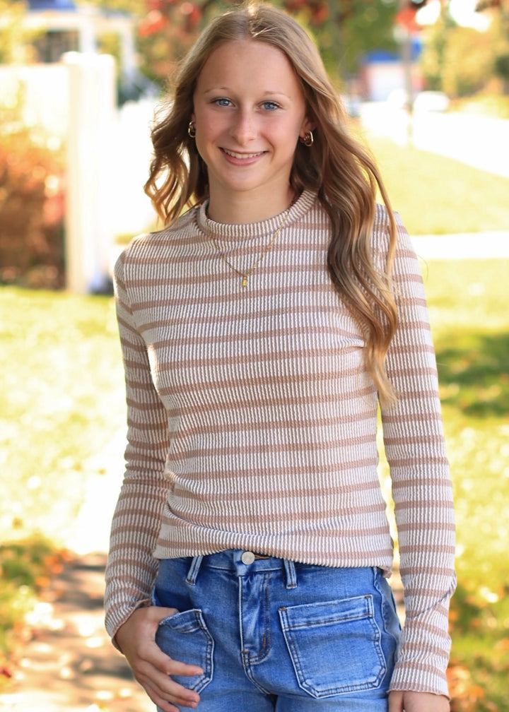 Taupe Striped Ribbed Knit Top