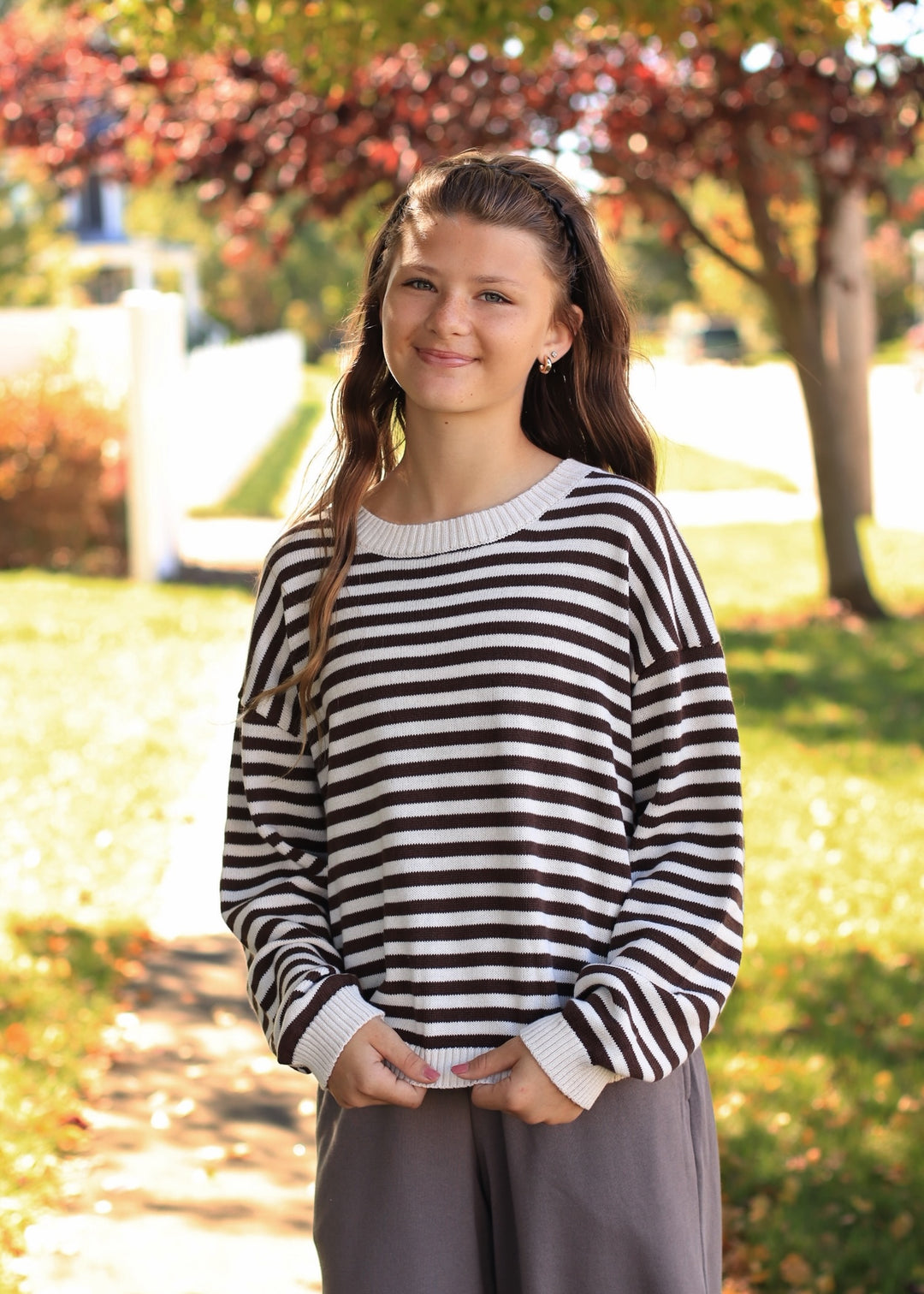 Oatmeal &amp; Brown Stripe Back Button Sweater