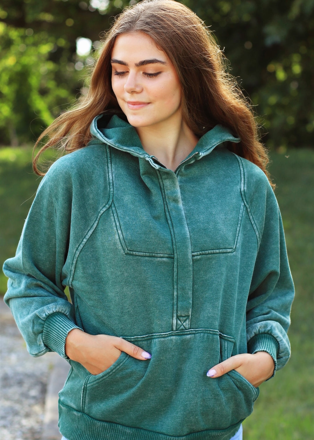 Deep Green Quarter Zip Acid Wash Fleece Oversized