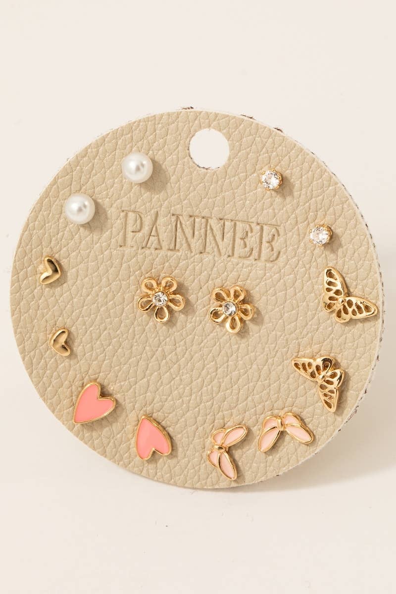 Assorted Heart Butterfly And Pearl Stud Earrings Set