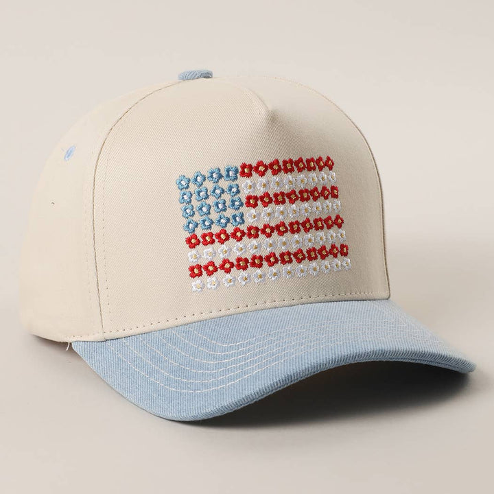 Floral American Flag Embroidered Two-Tone Denim Trucker Hat