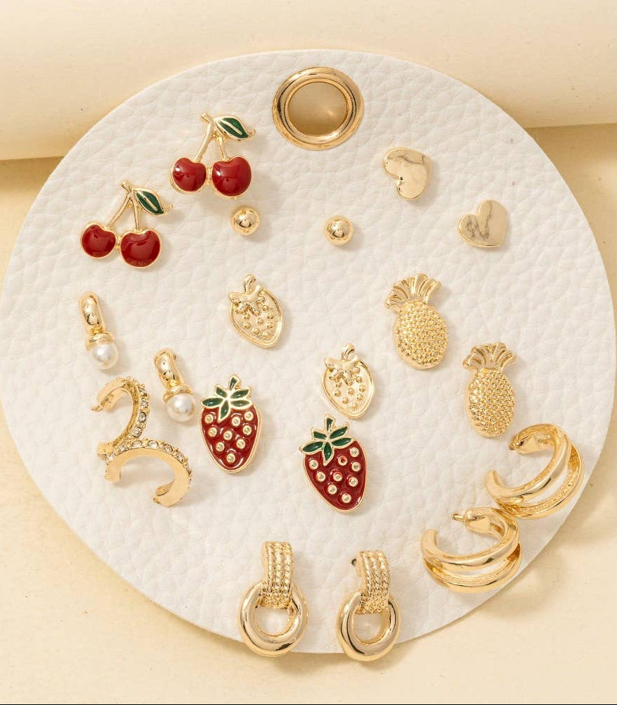 10Pc Enamel Metallic Fruit Stud And Hoop Earrings Set