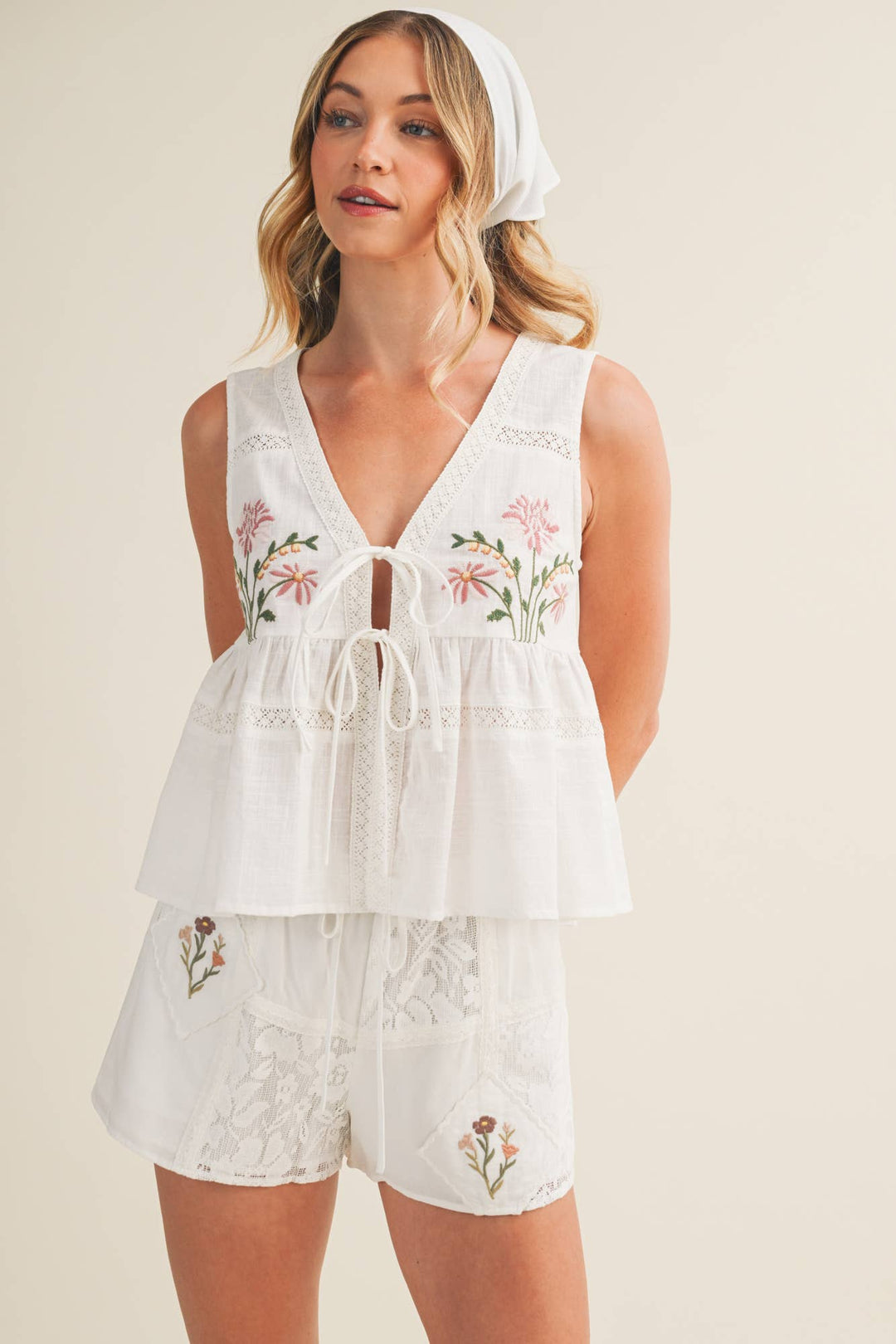 Embroidered Floral Tie-Front Peplum Vest