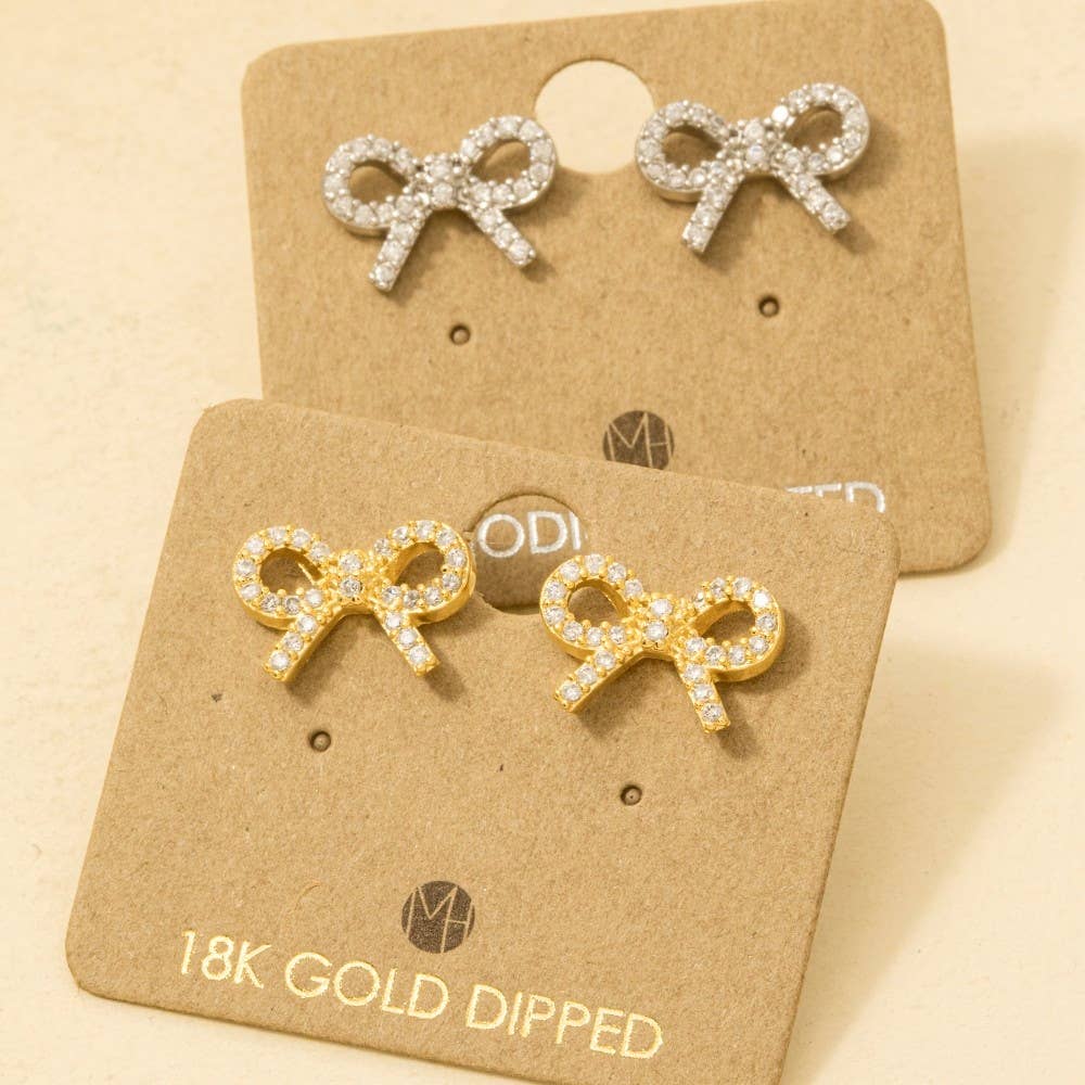 Gold Dipped Cz Pave Ribbon Bow Stud Earrings