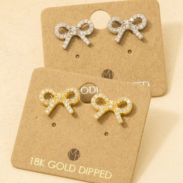 Gold Dipped Cz Pave Ribbon Bow Stud Earrings