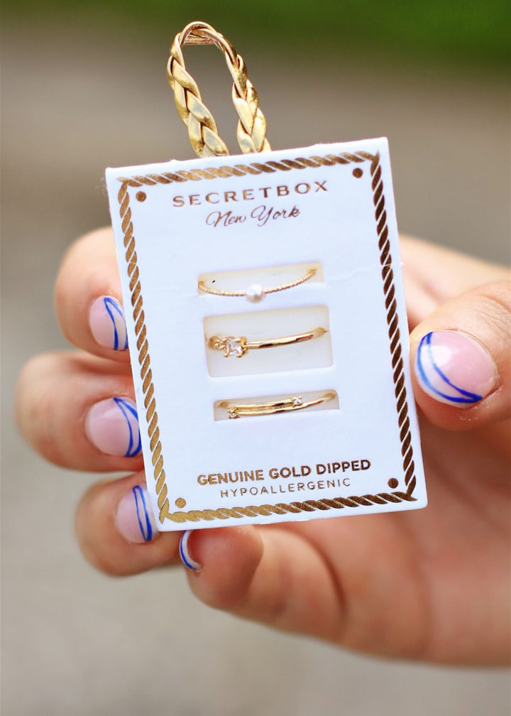 Secret Box Gold Dipped Pearl And Gem Stud Band Rings Set