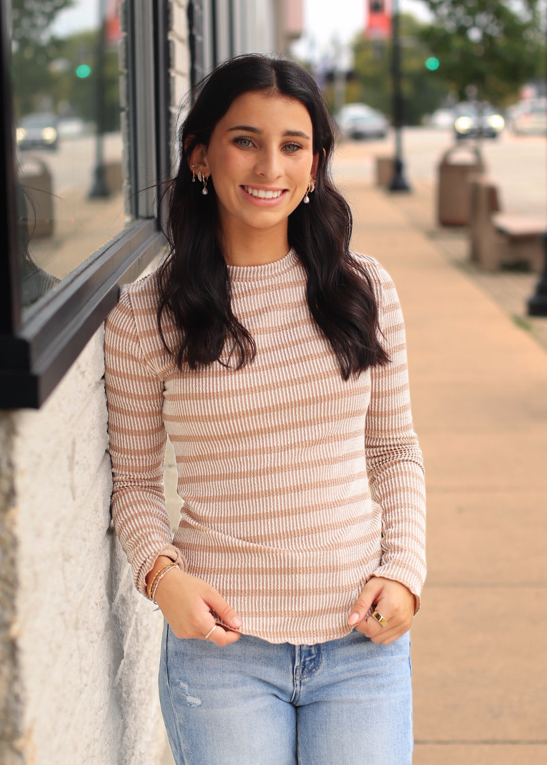 Taupe Striped Ribbed Knit Top