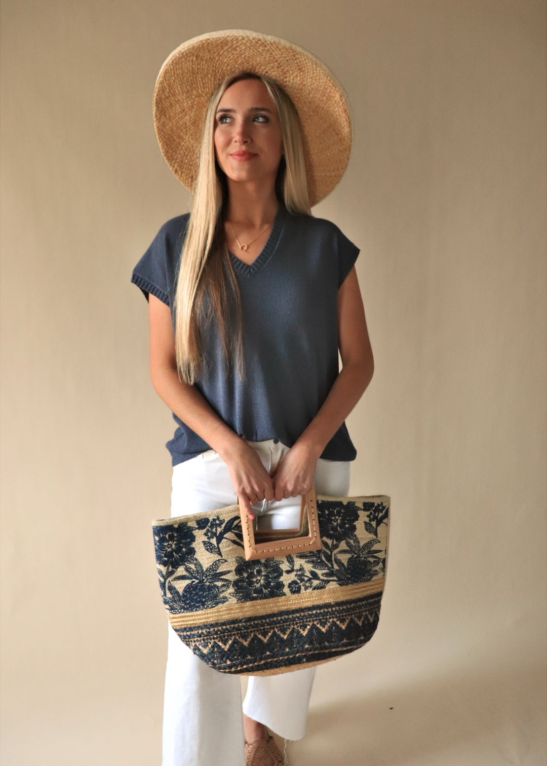 Floral Print Wooden Square Handle Tote Bag