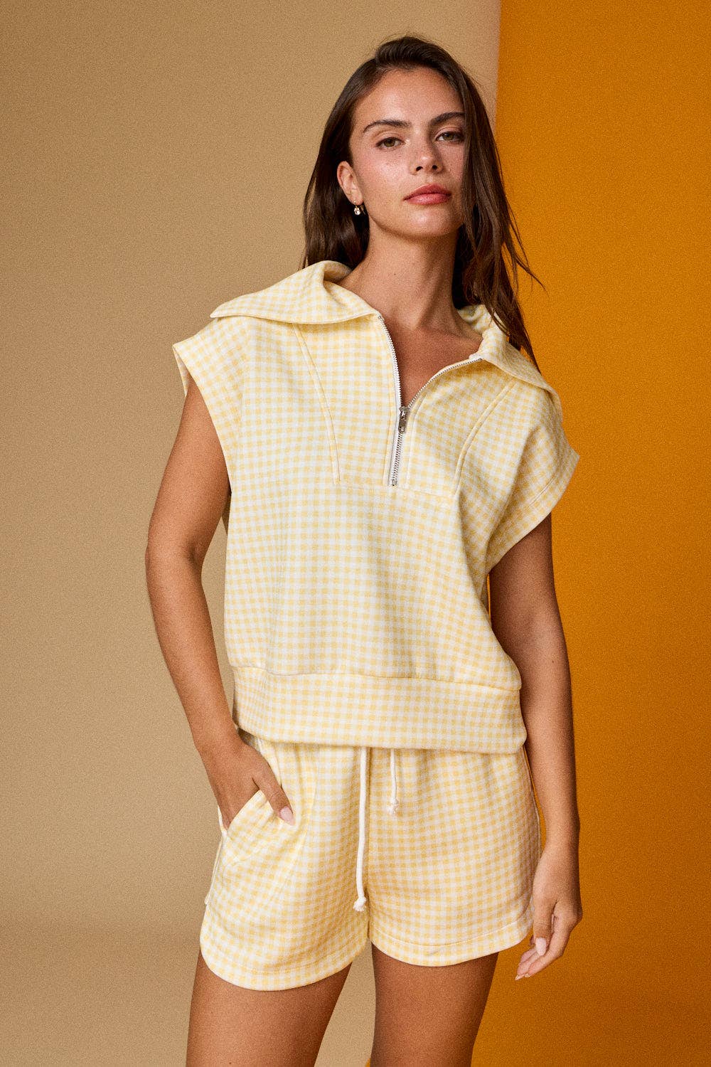 Gingham Zip Up Top in Yellow