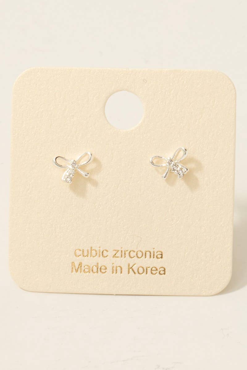 Gold Dipped Mini Cz Bow Stud Earrings