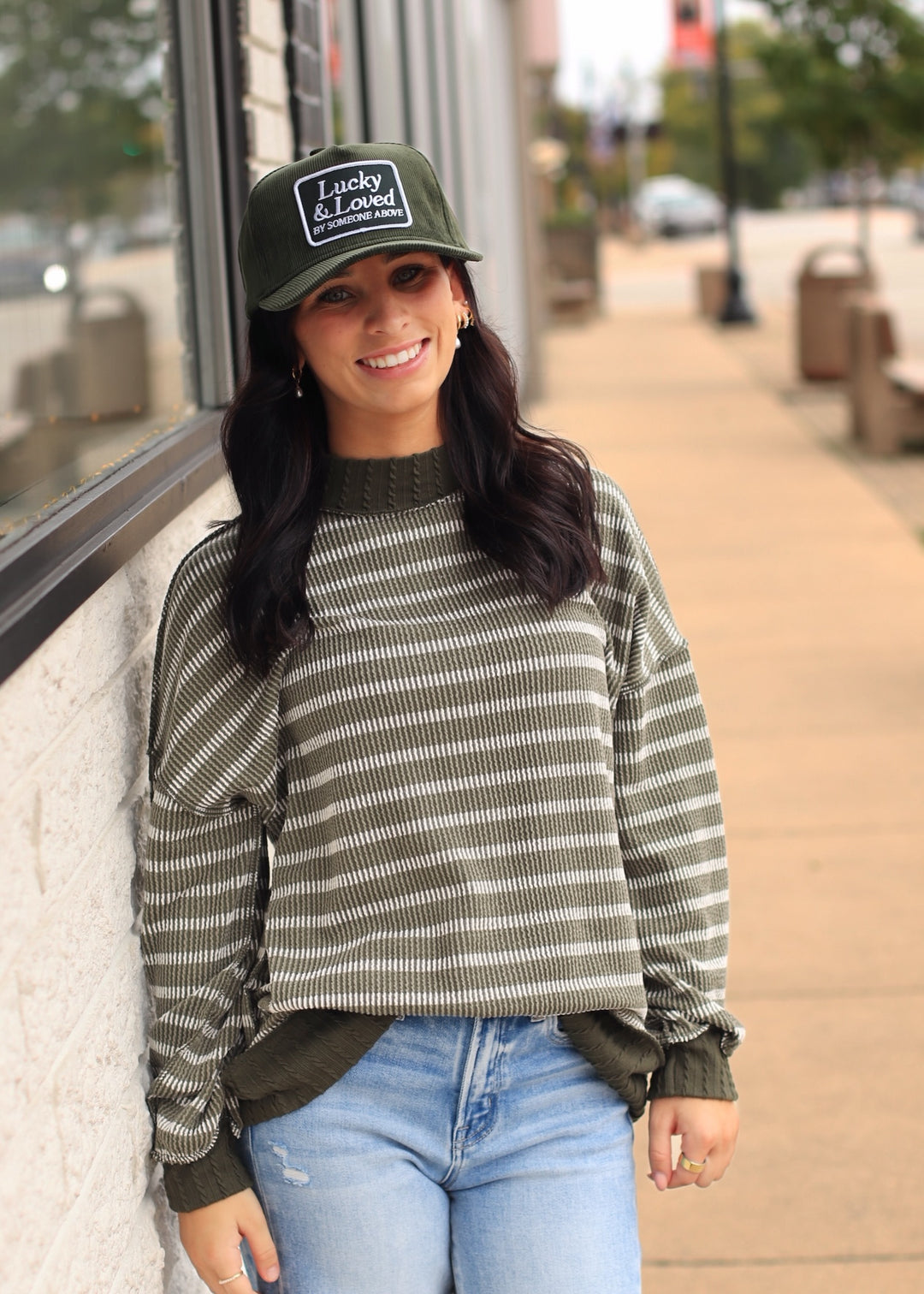 Olive Striped Mock Neck Knit Top