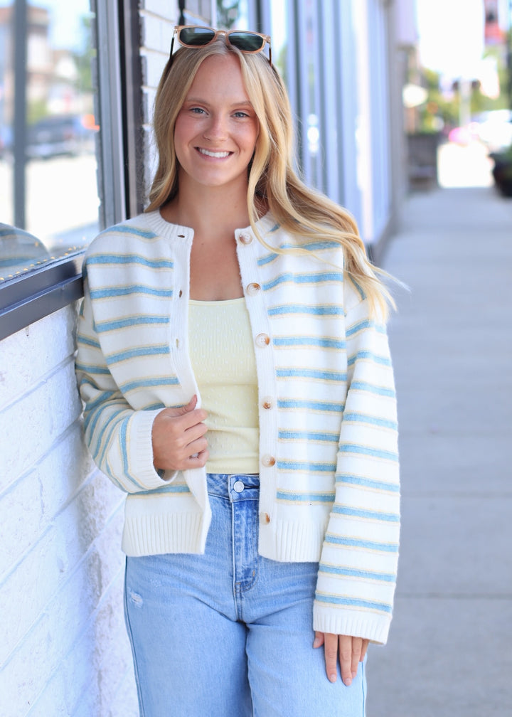 Ivory Multi Stripe Button-Up Cardigan